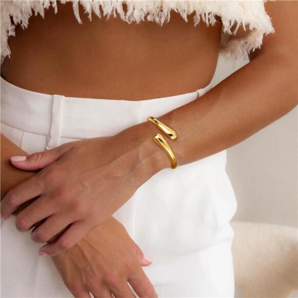 Gold Bracelets for Women Trendy - 14K Gold Plated Bangle Bracelet Chunky - Picture 2 of 7